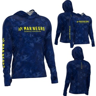 Camisa De Pesca com Capuz Cruzado e Proteção Solar Mar Negro X Protection Sublimada Blue com Luvinha de Punho