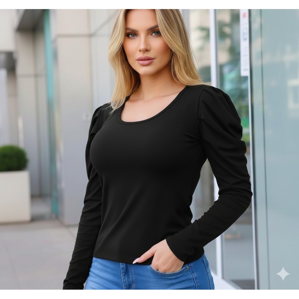 blusa feminina canelada gola rasa elastano manga longa princesa exclusiva