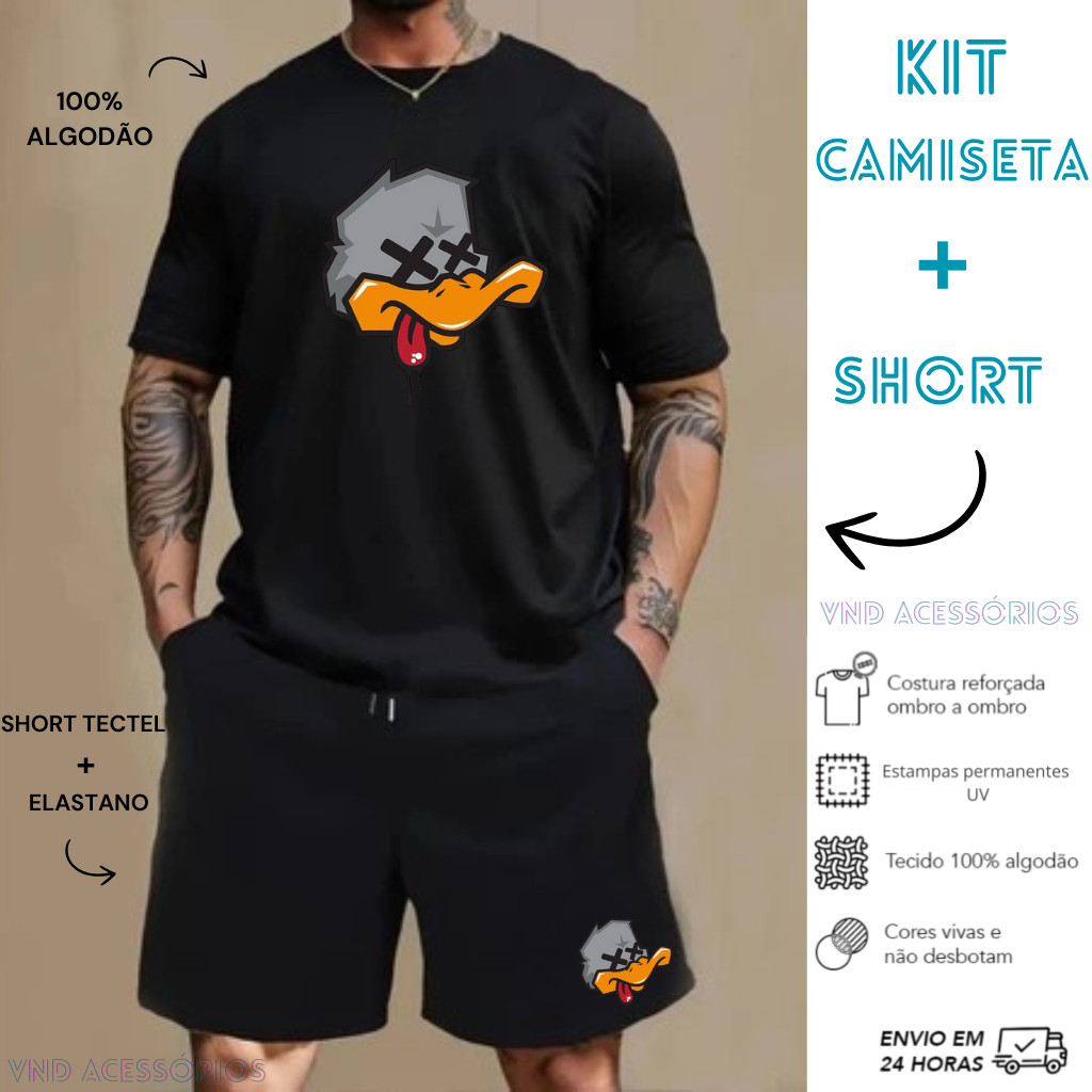 Conjunto Kit CAMISETA 100% algodão E BERMUDA Tectel Estampado Camisa Masculina Camiseta Short Faculdade Pato XX
