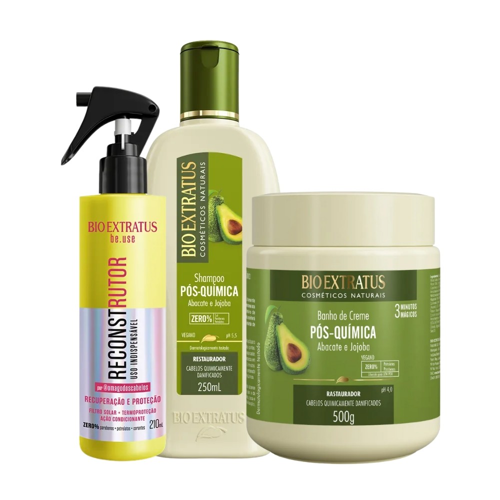 Kit Bio Extratus Shampoo Pós-Química 250mL+Reconstrutor Uso Indispensável be.use 210mL+Banho de Creme Pós-Química 500g em Oferta na Shopee