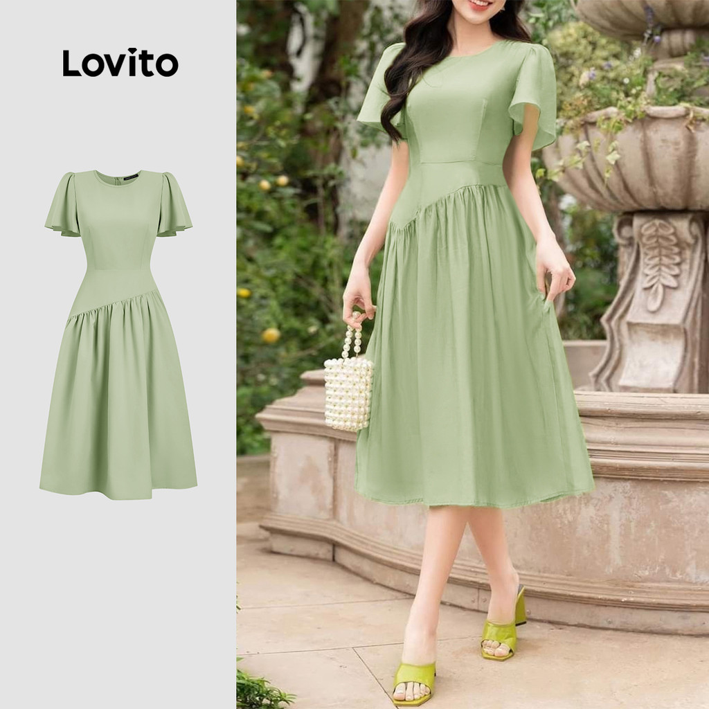 Lovito Vestido Casual Plissado Primavera/verão Verde para Mulheres L164ED077 em Oferta na Shopee