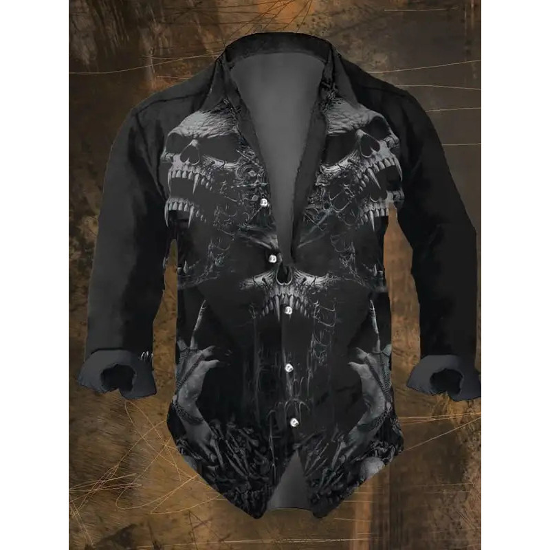 Moda Masculina Vintage Escuro Crânio Imprime Camisas De Manga Longa Preto Topos Ajuste Regular , Gola Lapela Poliéster S