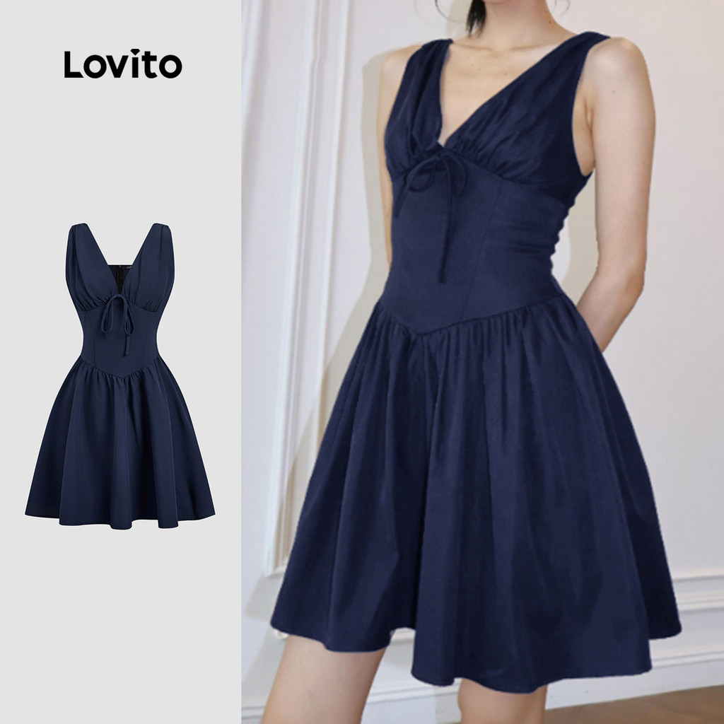 Lovito Vestido Elegante Textura Simples Confortável e Estiloso Primavera/verão Azul Marinho para Mulheres L172ED171 em Oferta na Shopee