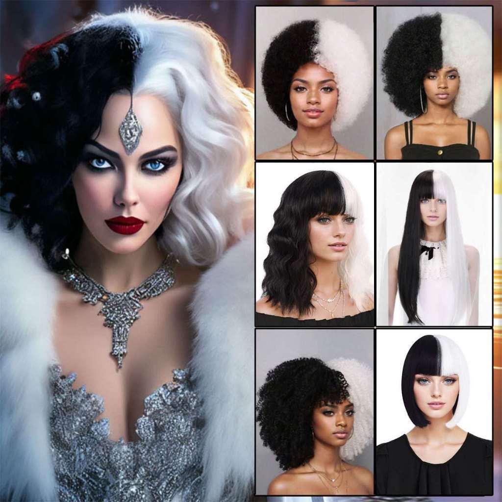 Peruca Cruella de Vil Preto e Branco Cosplay Cacheado Liso Fibra Orgânica
