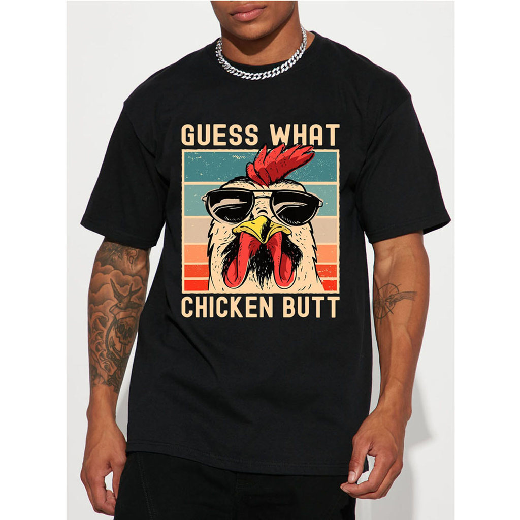 Camiseta Streetwear Camiseta Masculina Frango Meme "Guess What Chicken Butt" Engraçada Divertida Confortável Estilosa Ca