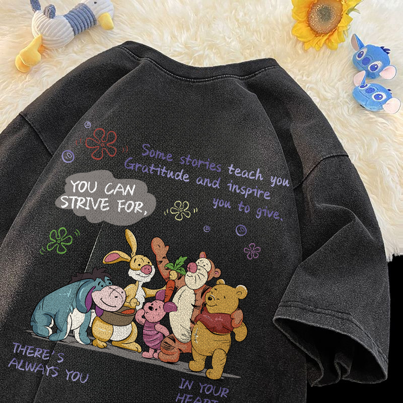 Velsiss Lavando preto Camiseta Feminina De Manga Curta Winnie The Pooh Solta Casual Estampada Gola Redonda t shirt blusa