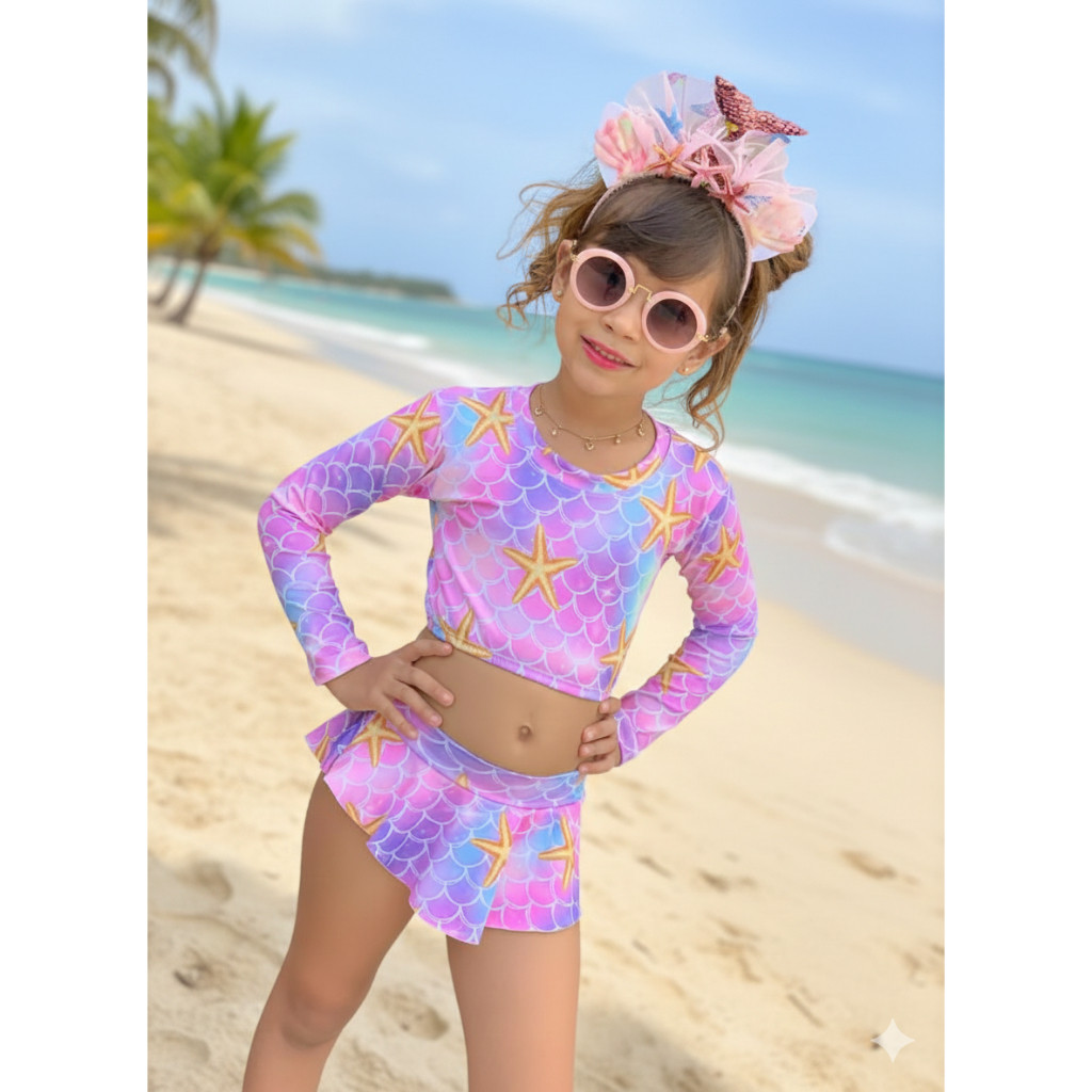 Biquini Infantil Menina Juvenil Cropped Manga Longa Praia Piscina Proteção UV 1,2,4,6,8 e 10 Anos em Oferta na Shopee