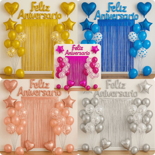 Kit com 26 peças decoração de Festa Completa – Balões Metalizados, Cortina e Feliz Aniver…