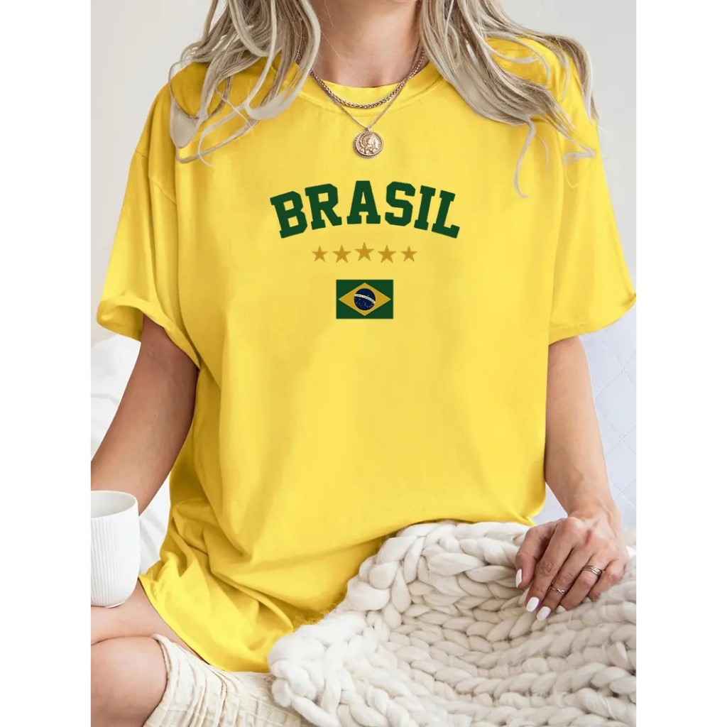 Camiseta Estampada Brasil 5 Estrelas Feminina Streetwear Lançamento Copa