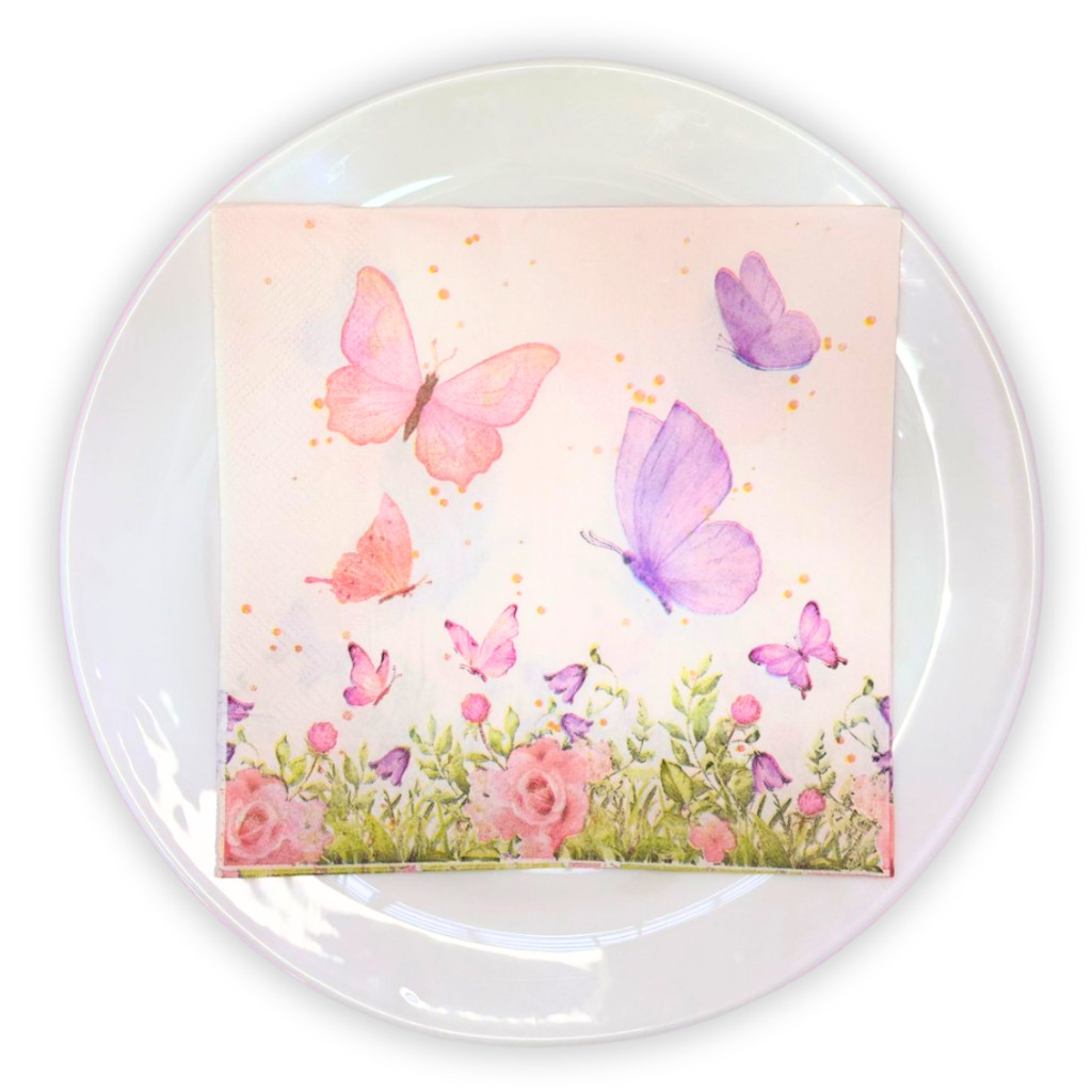 Guardanapo de papel decorado c/ 20 unidades borboleta flores rosa mesa posta 33x33cm toalha de papel