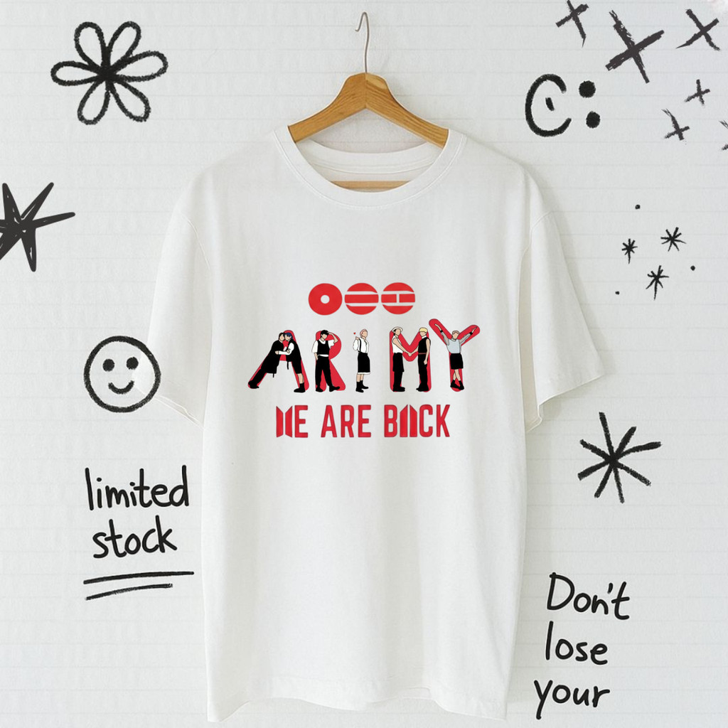 Camiseta BTS Army We Are Back Frente e Costa Arirang T-shirt Blusa feminina Jungkook Jimin Tae Namjoon J-Hope Jin Yoongi
