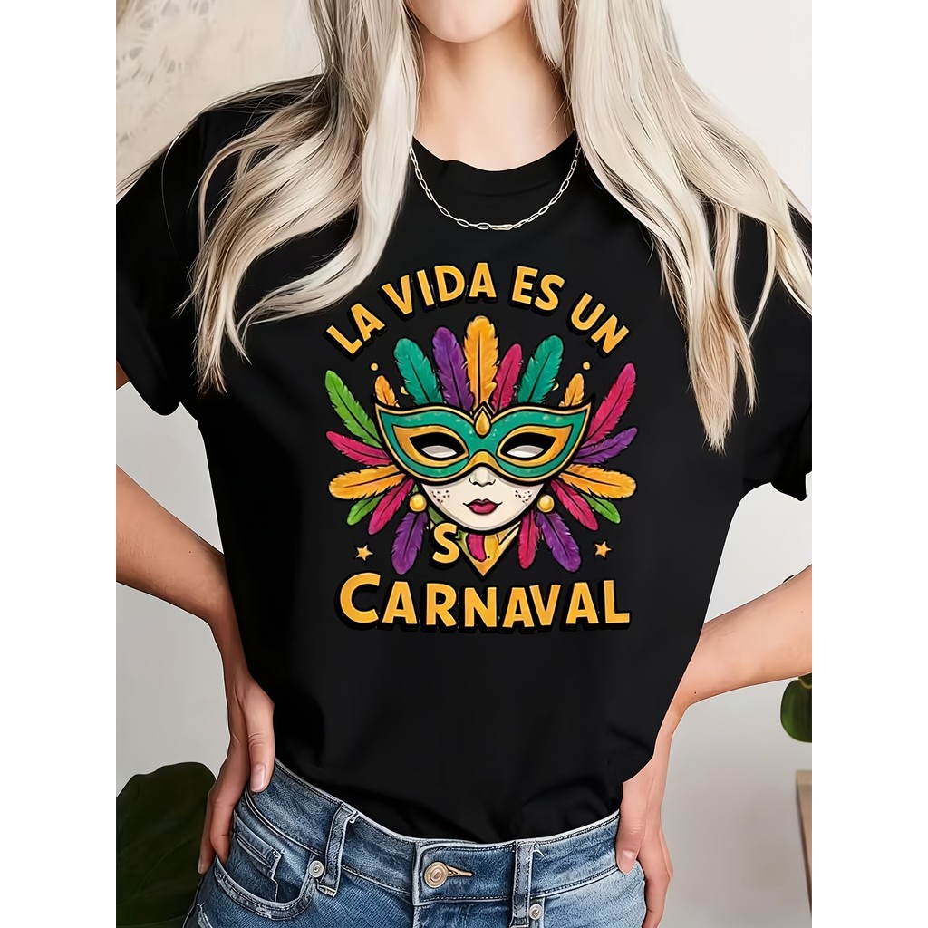 Camiseta Feminina Carnaval Espanhol Festa Máscaras Dança Alegria Colorido Confortável Linda Divertida Verão