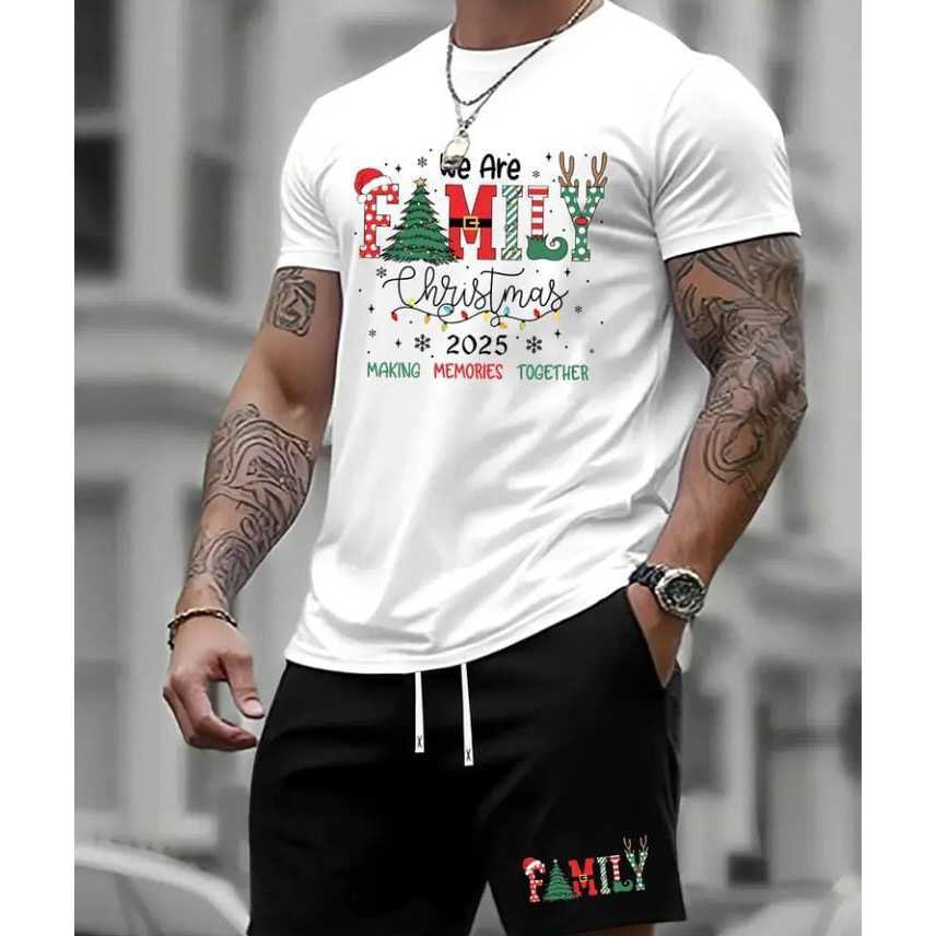 Conjunto Camiseta Natalina 100% Algodão Bermuda de Moletom Short com Bolso Masculina Academia Casual Treino