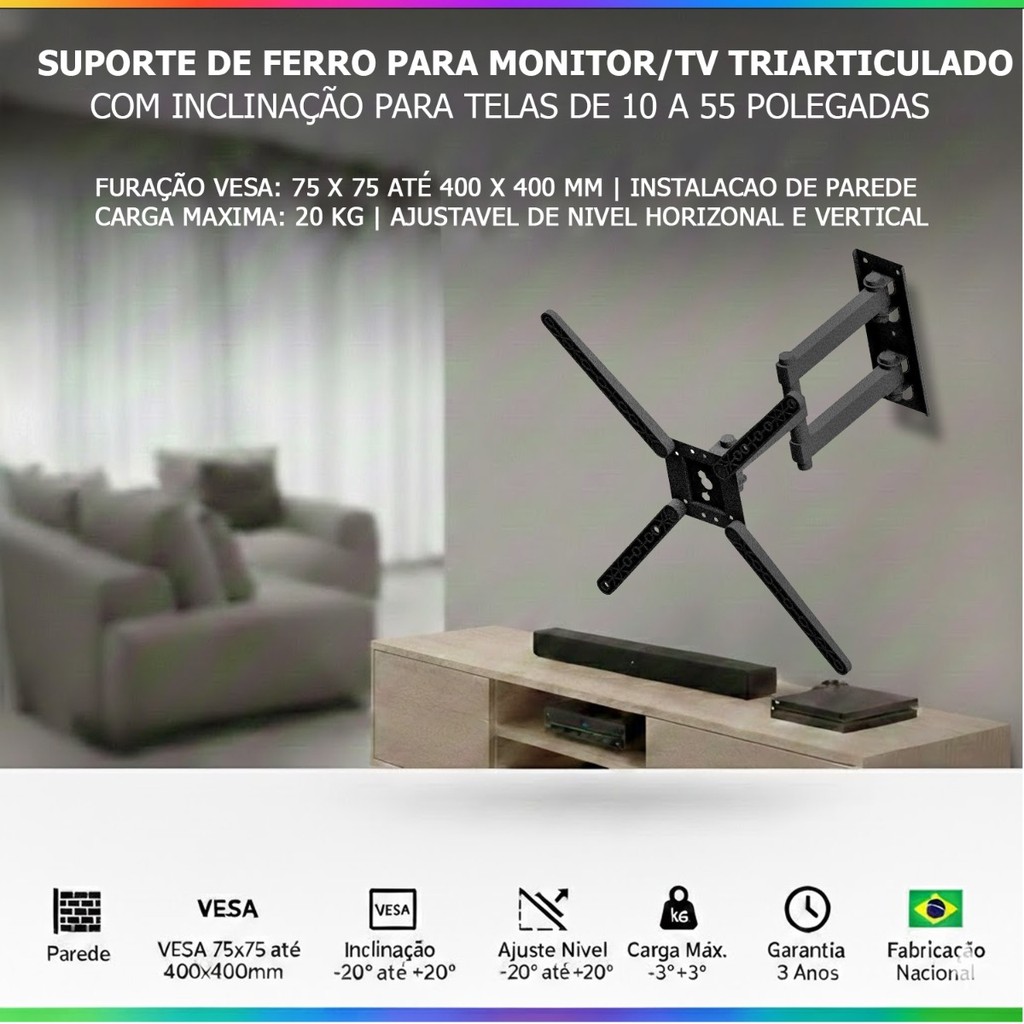SUPORTE DE PAREDE PARA TV MONITOR PARA TELAS DE 10 A 65 POLEGADAS TRI ARTICULADO BRAÇO LONGO
