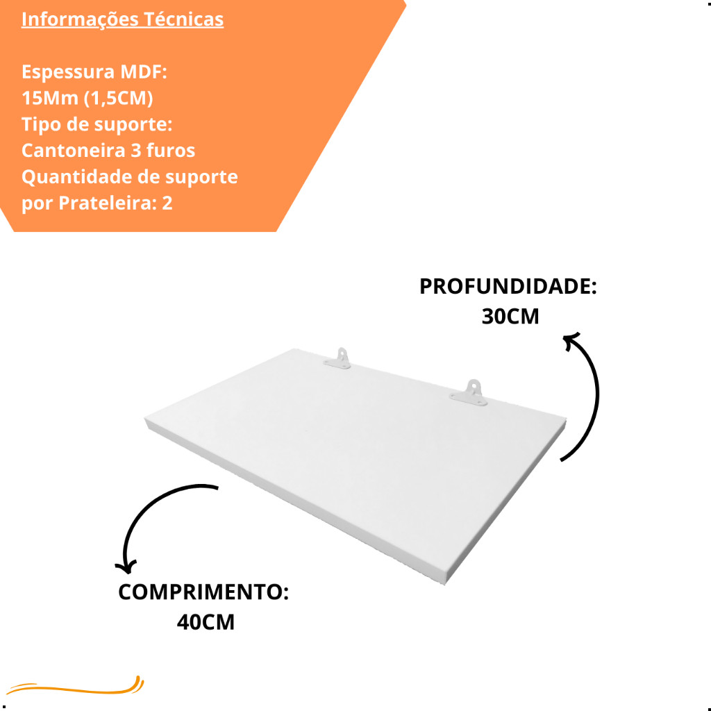 1 Prateleira Branca 40X30 Com Suporte Flutuante Mdf  Organizadora Decoração Cozinha Quarto Banheiro