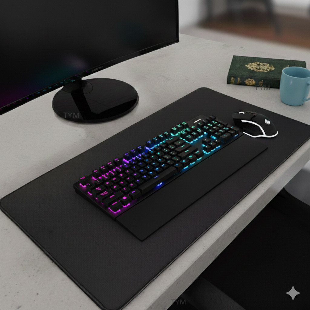 Mousepad Deskpad Escritório Preto Borda Costurada 90x40cm Home office super confortavel gamer setup em Oferta na Shopee