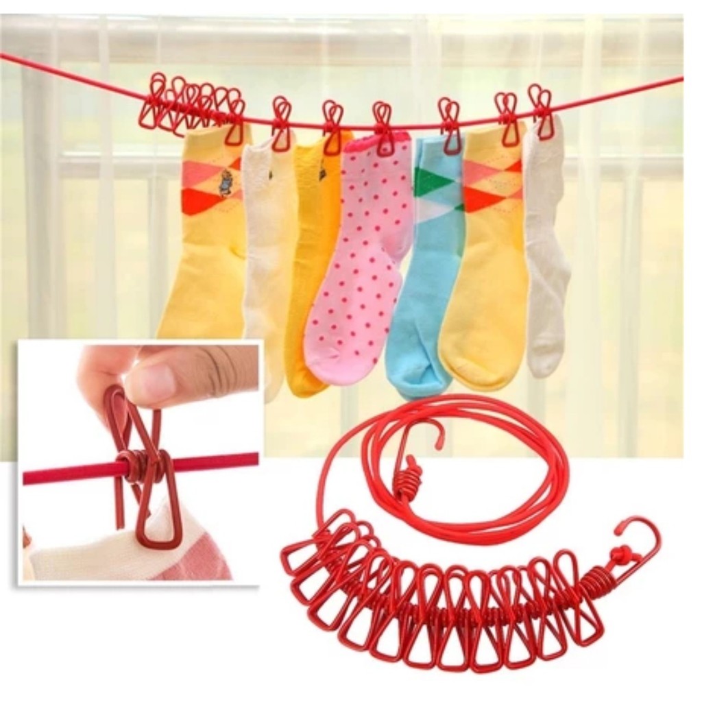 Linha Elasticada Varal De Roupa De Secagem Multifuncional De 170cm Com 12 Clipes integrada