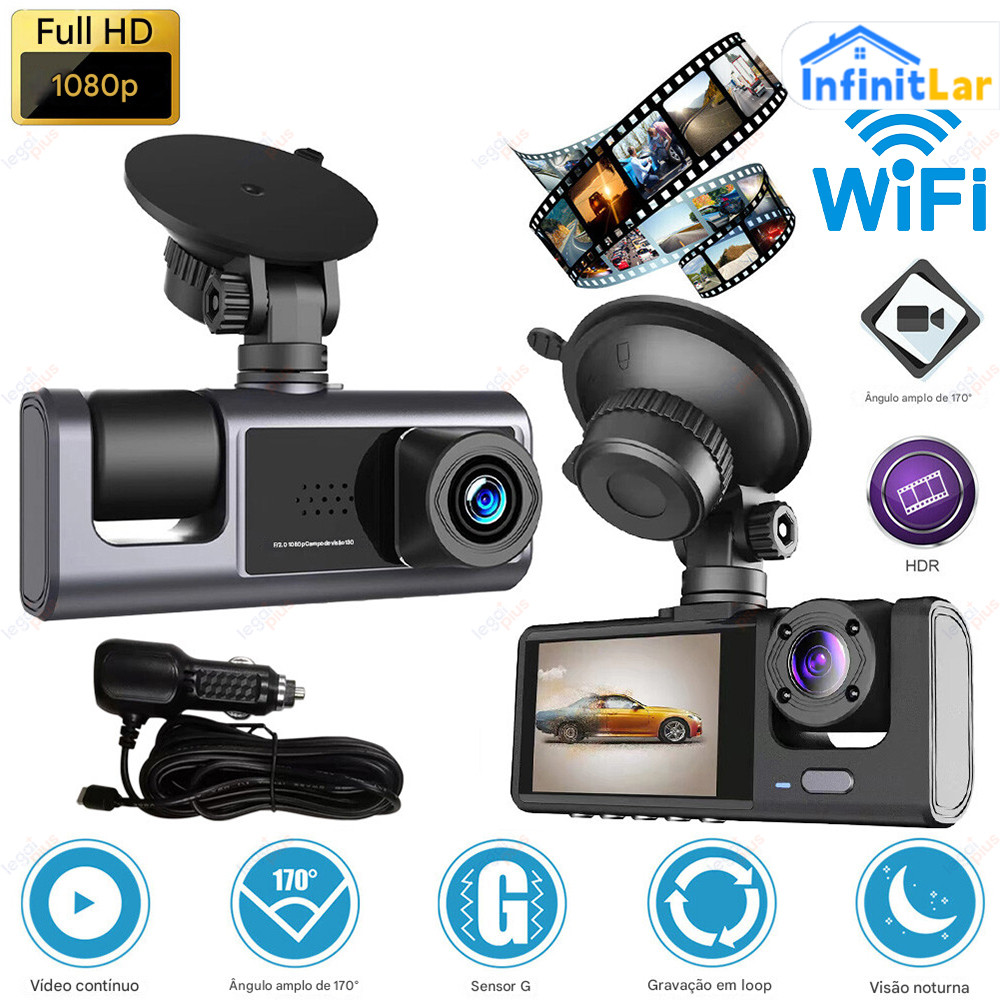 Câmera de Segurança Veicular com Wi-Fi - Tripla Lente em HD 1080P para Monitoramento Completo  Armaz 64GB