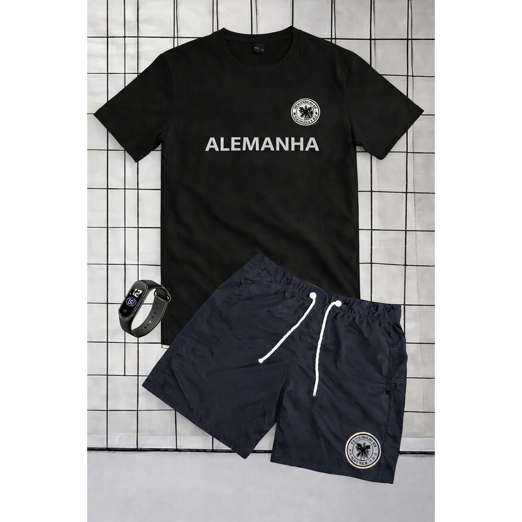 Kit Camiseta e Short 100% Algodão Short Tactel Alemanha Copa do Mundo 2026 Ganhe Relógio Jogos