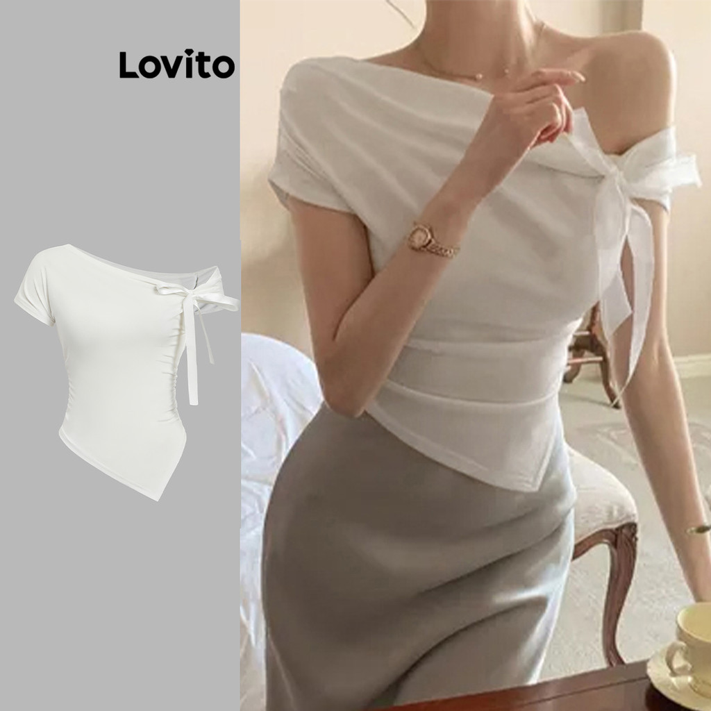 Lovito Camiseta Elegante Lisa Assimétrica Com Cadarço Para Mulheres L99ED266