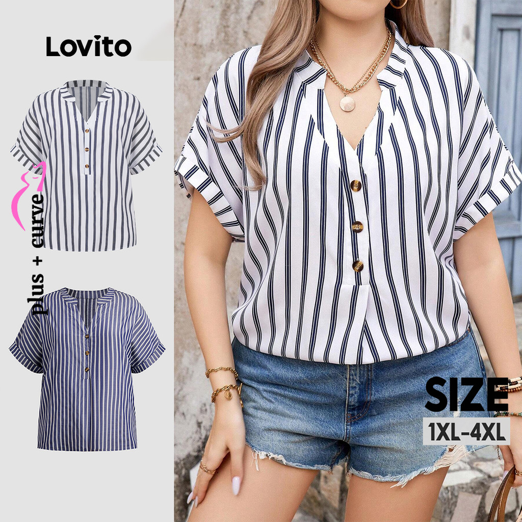 Lovito Blusa Casual Plus Size Curva Listrada Com Botões Blusa Verão/primavera Para Mulheres LBL19291 em Oferta na Shopee
