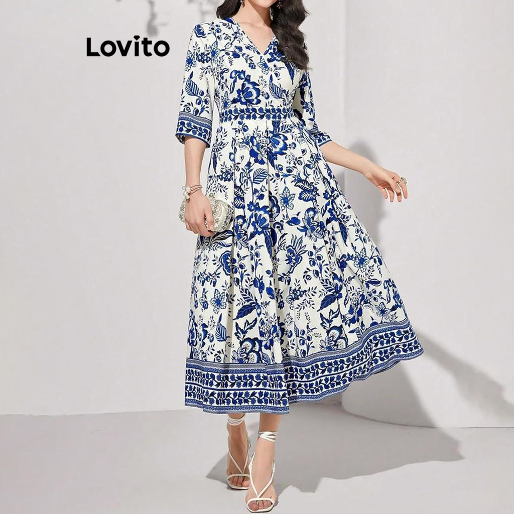 Lovito Vestido Elegante Com Estampa Floral Ditsy Para Mulheres LNL67129 em Oferta na Shopee