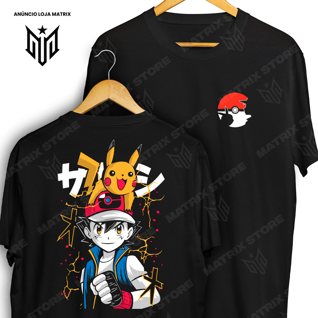 Camiseta Frente e Verso Pokémon Pikachu Ash Ketchum Pokebola Camisa de Animes 100% Algodão em Oferta na Shopee