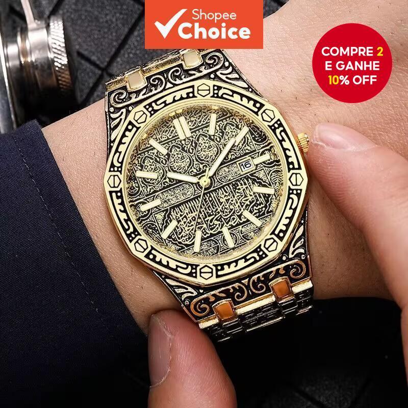 Relógio Masculino Octogonal Gravado Elegante : Design Clássico Dourado Com Calendário Prático em Oferta na Shopee