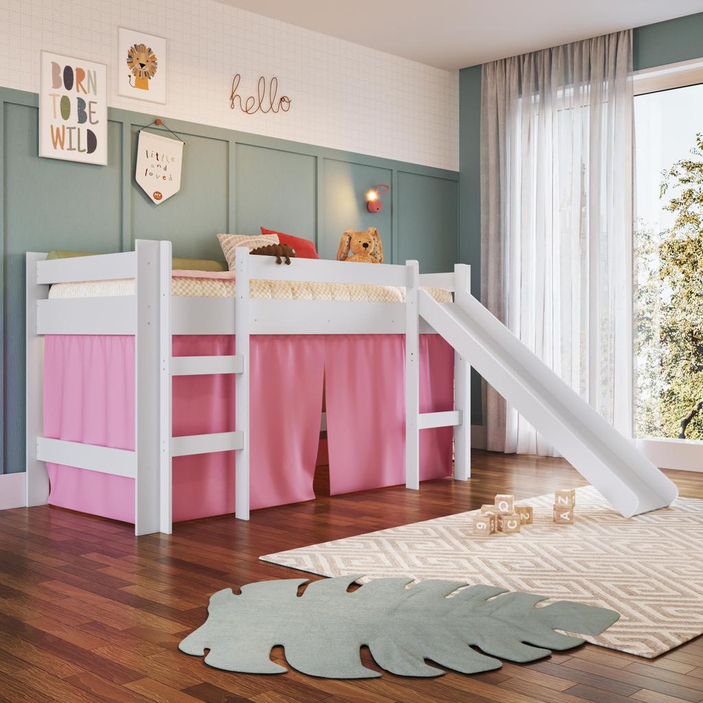 Cama Infantil Elevada Menino Menina Solteiro 202cm com Degrau e Escorregador Branca com Cortina Rosa