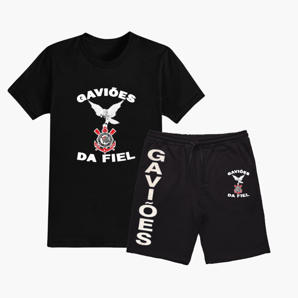 Kit Camiseta + Bermuda Moletom Gaviões da Fiel Corinthians Timão CP Pavilhão P9 Camisa 12