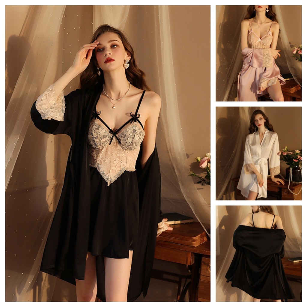 Conjunto de duas peças Feiyun para mulheres, composto por camisola com acabamento em renda e robe, estilo vintage sexy,