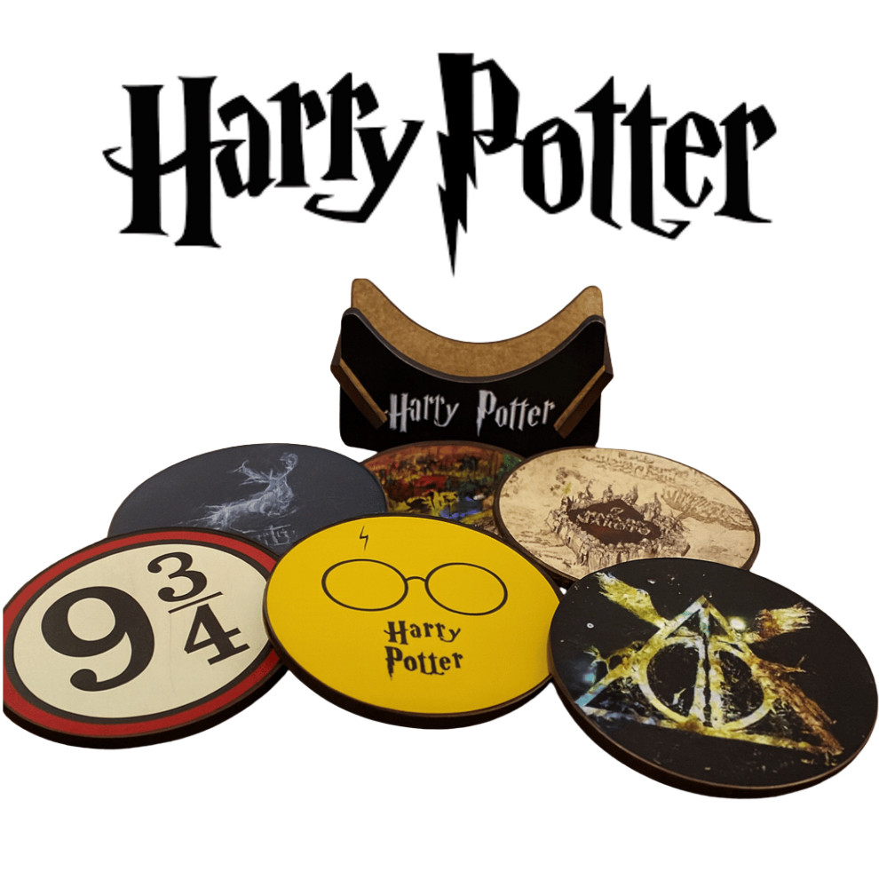 Porta Copo Harry Potter Kit com 6 Descansos de Copo Formato Bolacha