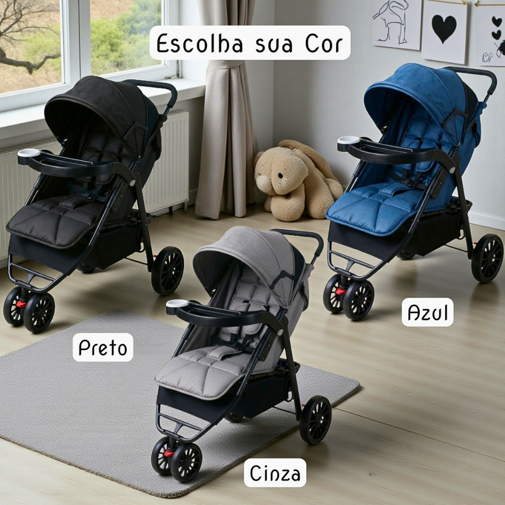 Carrinho de Bebê Passeio 3 Rodas Assento Acolchoado Reclinável Até 20kg Com Porta Copos