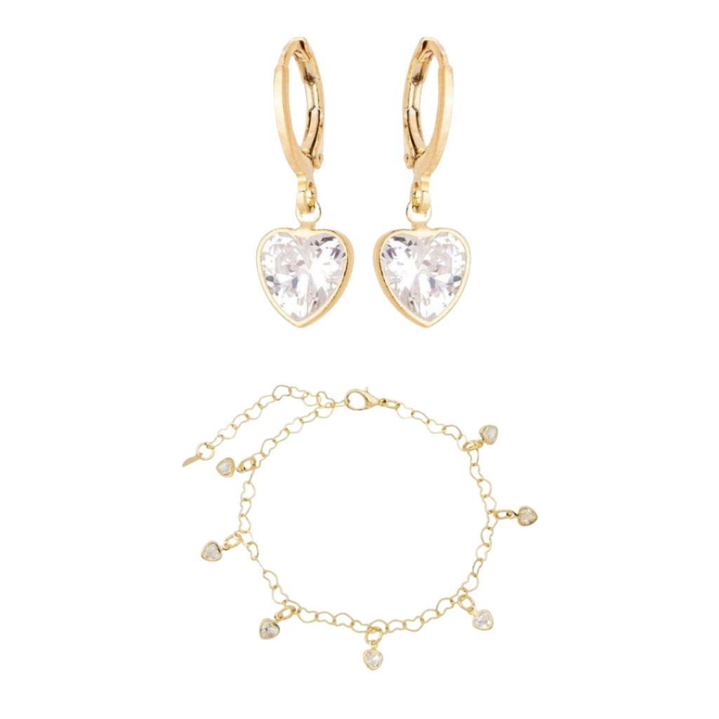 Conjunto Brinco e Pulseira Coração Em Zircônia Banhado A Ouro 18K