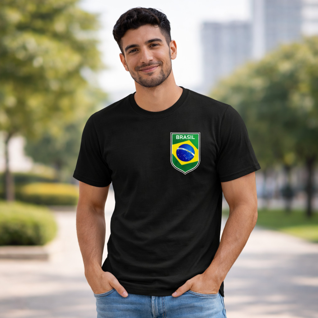 Camiseta T-shirt Masculina Unissex Brasil Escudo Copa Futebol 2026 Ótima Qualidade Copa do Mundo Preto