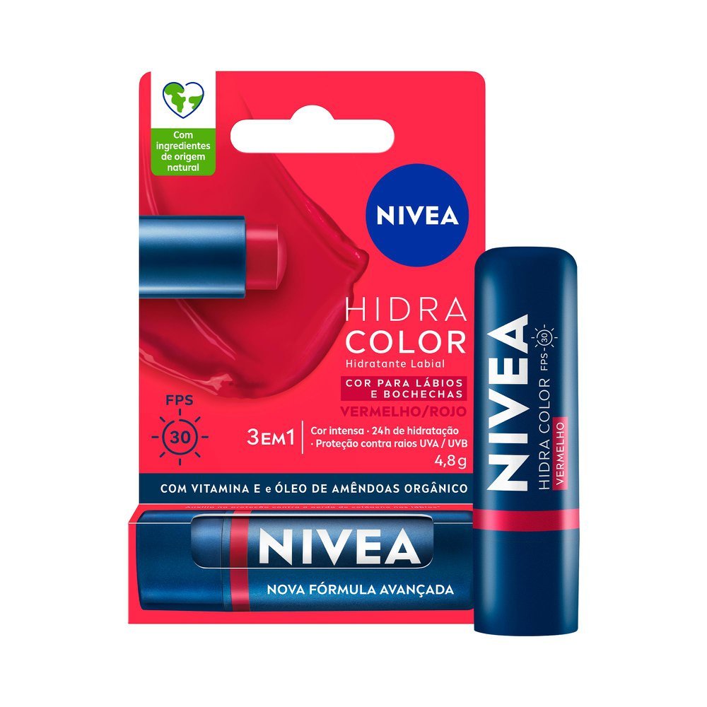 Hidratante Labial Nivea Hidra Color Vermelho FPS 30 4,8g em Oferta na Shopee