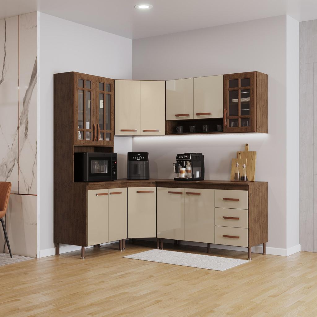 Cozinha Modulada Completa Fidelitá Lisboa 5 Peças 340cm 12 Portas 3 Gavetas Com Tampo Noce/Off-White em Oferta na Shopee