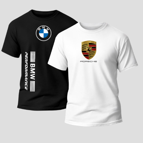 Kit 2 Camisetas BMW Porsche Masculina Algodao Premium Estampa Carro Esportivo Automotiva Preta