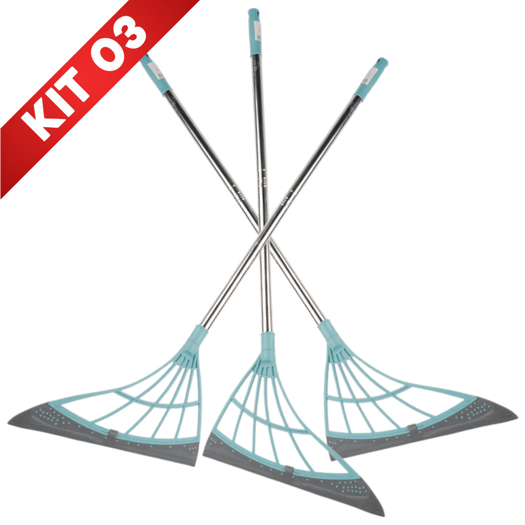 Kit 3 Mop Rodo Mágico Vassoura Lava Seca Esfregão Limpeza Tira Pó Fácil Silicone Multiuso 2 em 1