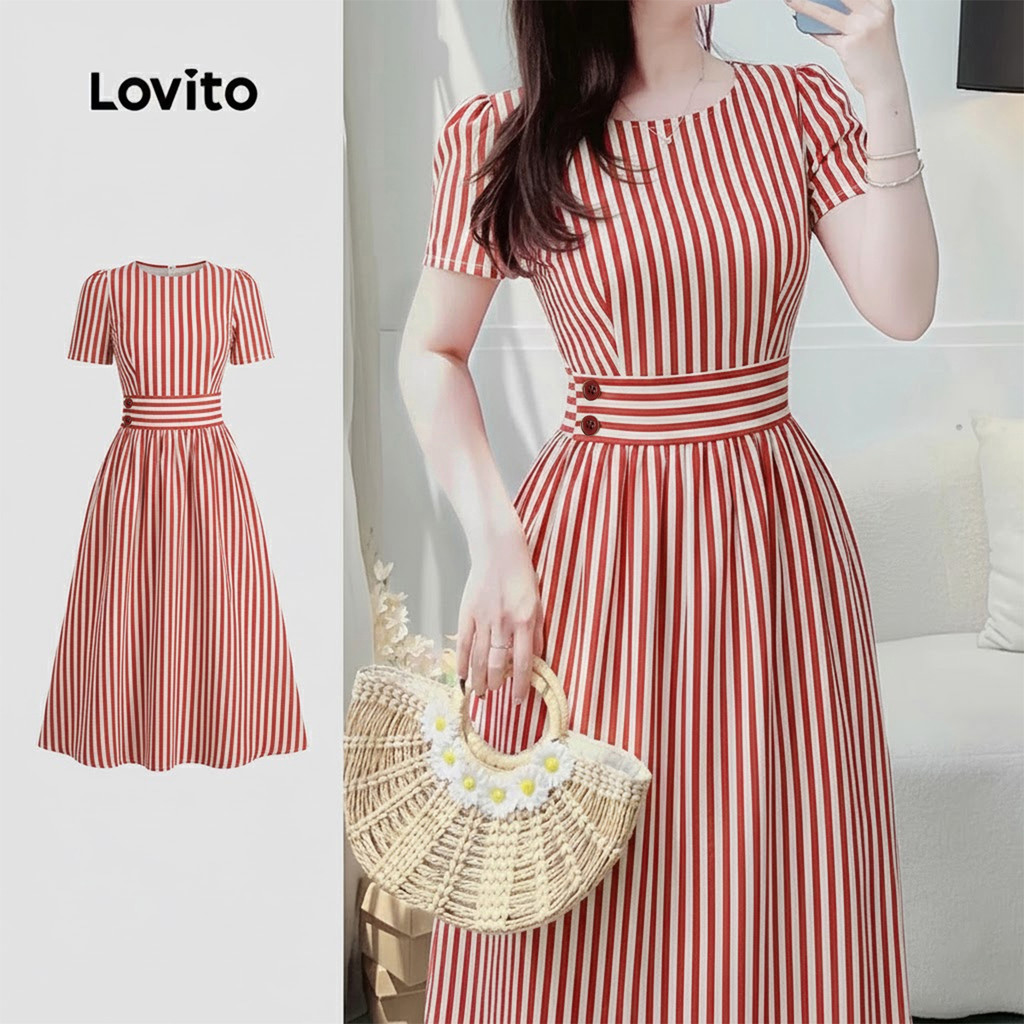 Lovito  Vestido Casual com Zíper e Botão para Primavera/verão, Vermelho, para Mulheres L171ED487 em Oferta na Shopee