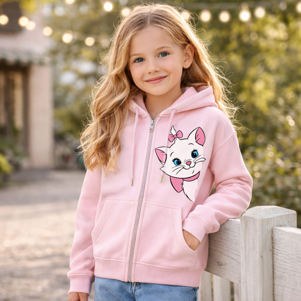 Blusa de Moletom Infantil de Ziper Com Capuz Personalizado Gatinha Marie Menina Casaco