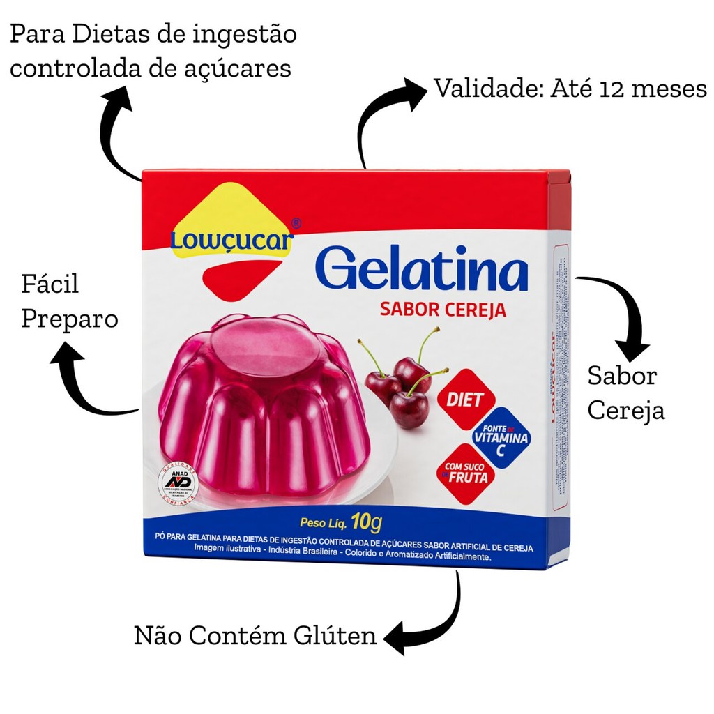 Detalhes do Kit com 32 Unidades de Gelatina Zero Lowçucar 10g Sabores Variados