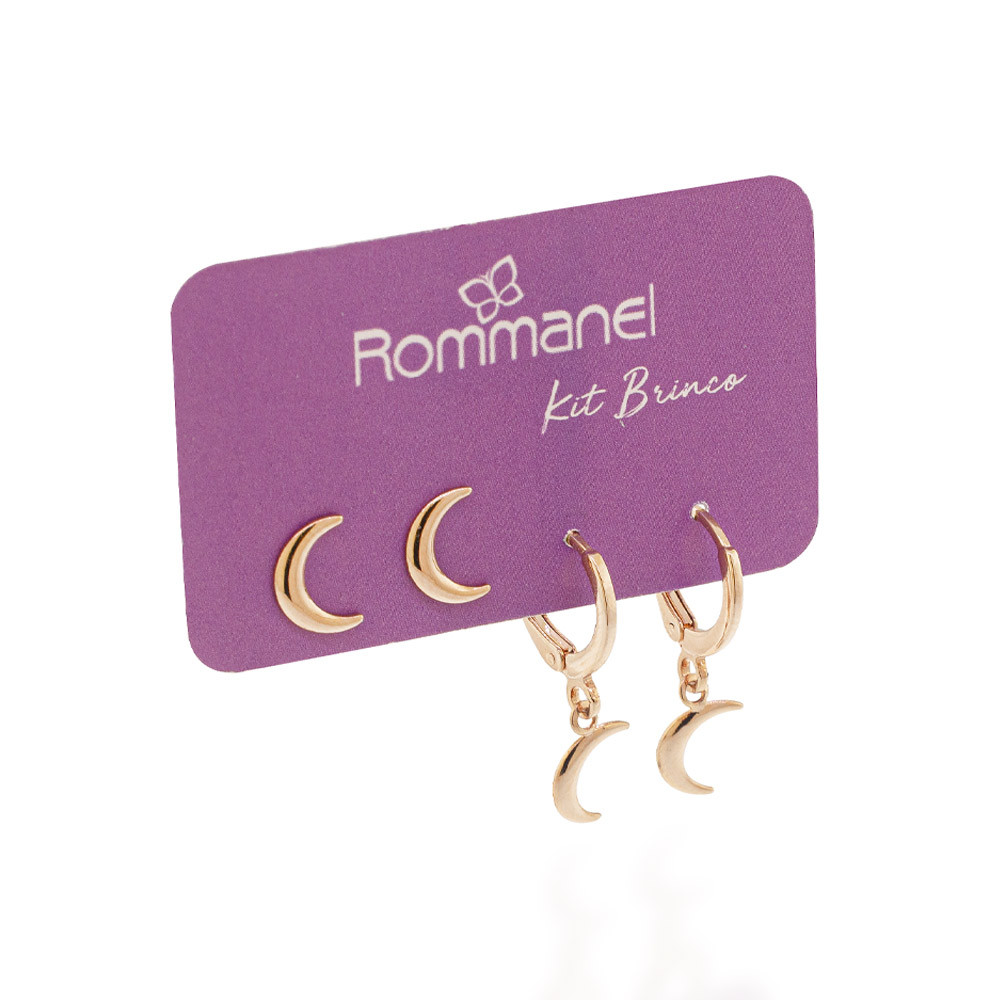 Imagem Kit Brincos Rommanel Argola E Lua Ouro 18k 527551
