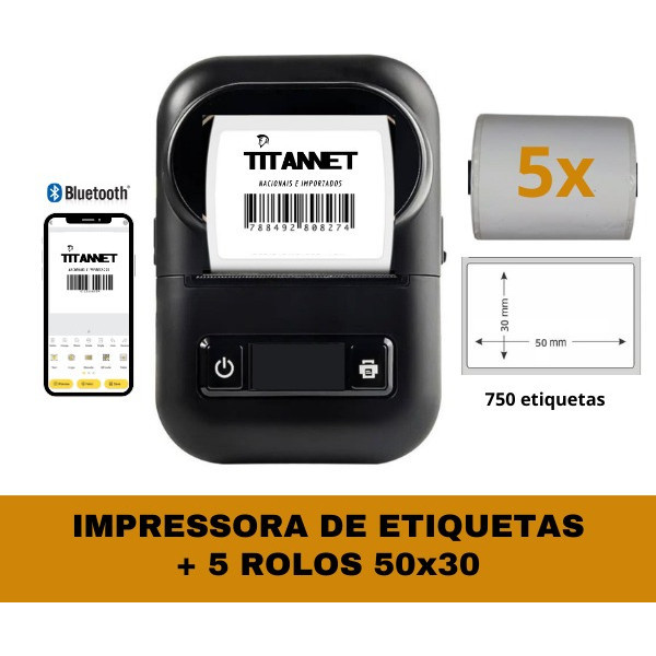 Mini Impressora Bluetooth + 5 Rolos Etiqueta Adesiva 50x30