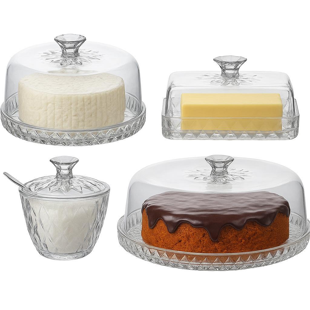 Kit Mesa Posta Queijeira Boleira Açucareiro Manteigueira Incolor Glamour 4 Peças Plasútil em Oferta na Shopee