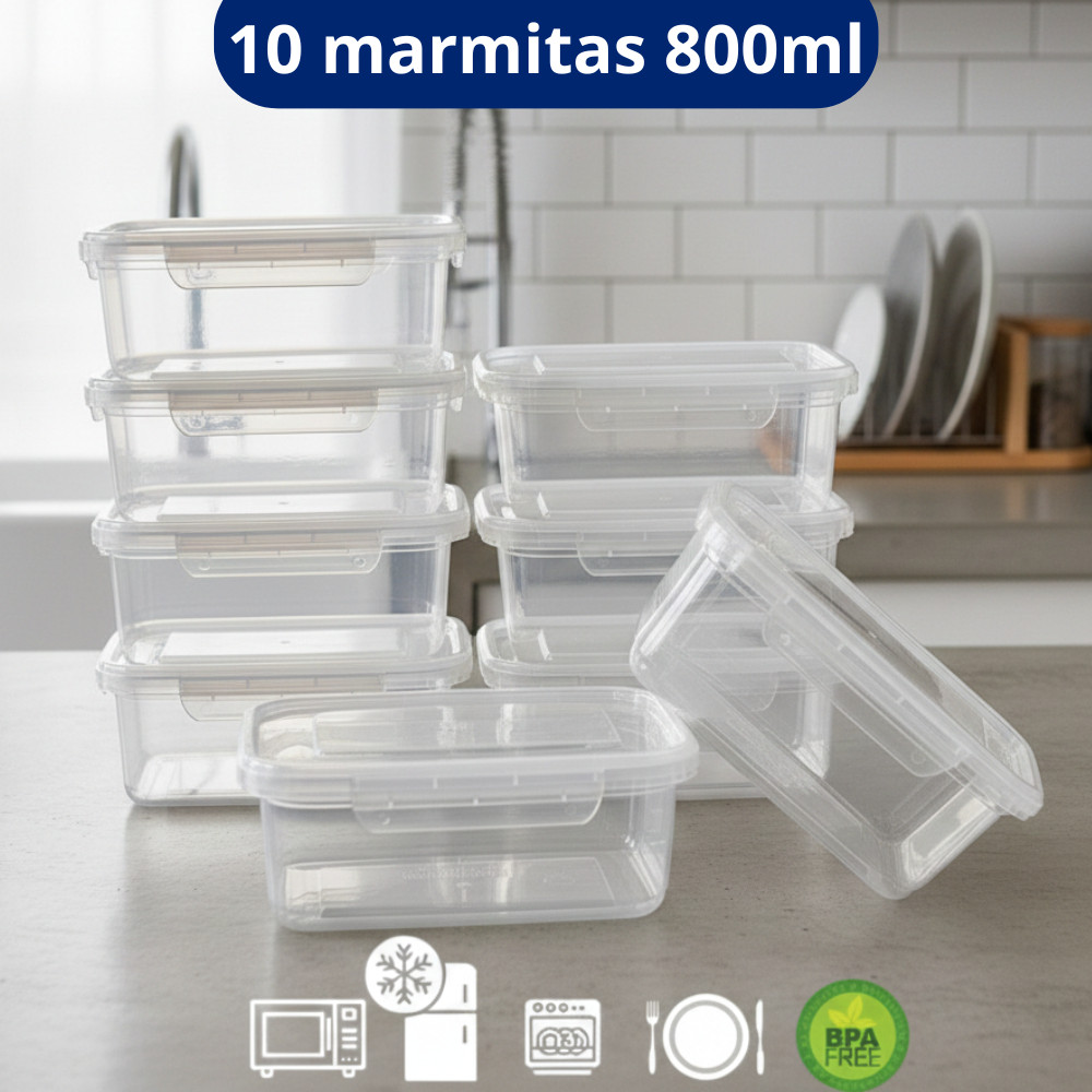 Kit 10 Marmita Potes 800ml com Travas Laterais BPA FREE - Alimentos organizadores de congelador