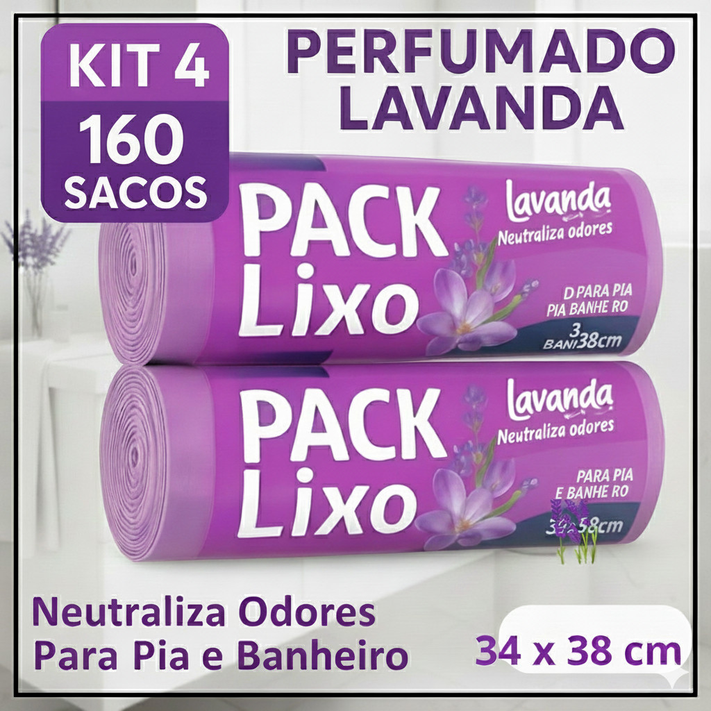 Sacos de Lixo Perfumados Lavanda |Kit 160 Sacos| 34x38cm Para Pia e Banheiro Neutraliza Odores
