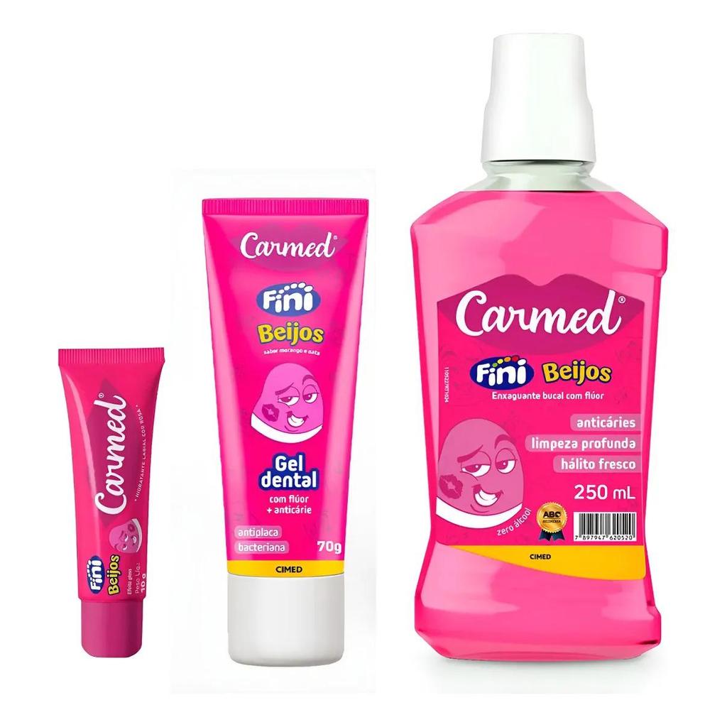 Kit Linha Beijos Enxaguante+Creme Dental+Gloss Labial Carmed