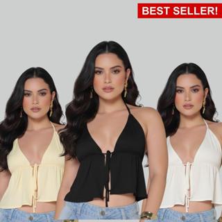 Cropped Feminino Estilosa Top Blusinha de Alcinha Batinha  Decote Amarração Regatinha Estilosa em Oferta na Shopee