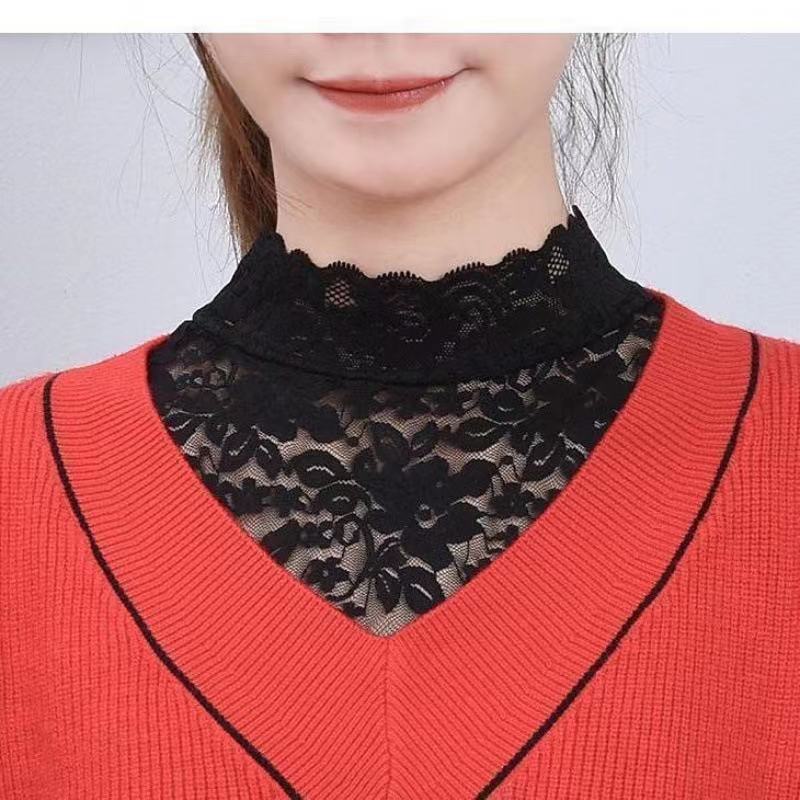 Camisa feminina gola falsa All-Match curto pulôver meia gola alta renda fundo outono inverno camisola decoração babador 